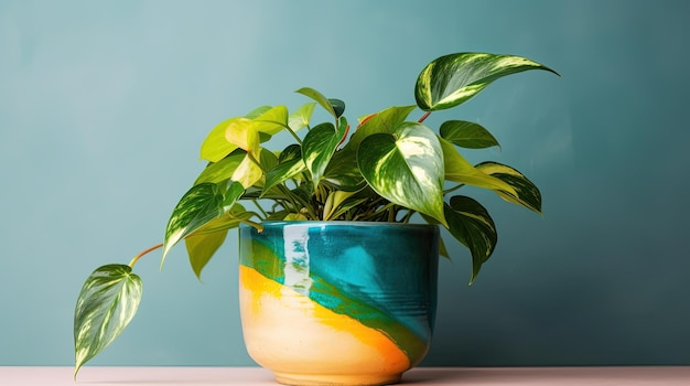 A plant in a blue and yellow pot with a green leafy plant in it.