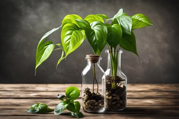 plant in a bottle with green leaves and a bottle of water