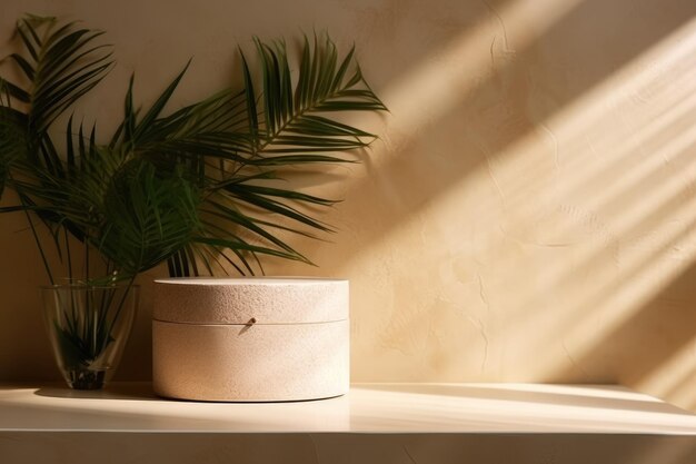 a plant in a box with a palm tree in the background