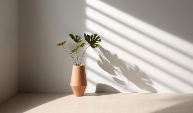 A plant in a clay vase with a shadow of the blinds on a white wall.