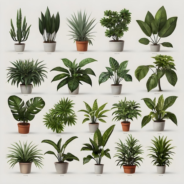 Foto collezione di piante isolate su sfondo bianco