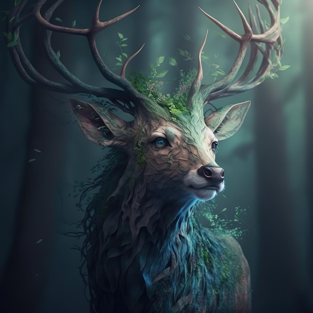 Plant deer portrait on a ghostly background