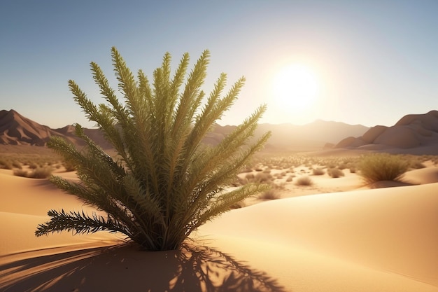 A plant in the desert with the sun behind it