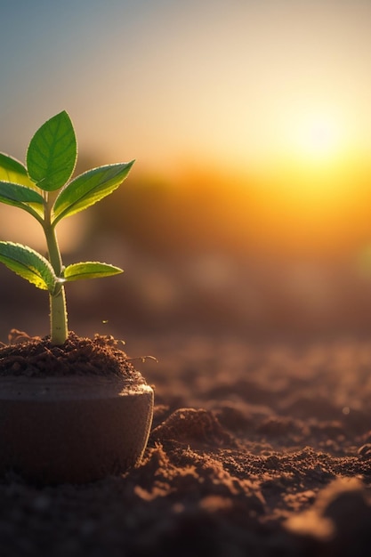 Plant die groeit in de grond bij zonsondergang