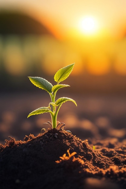 Plant die groeit in de grond bij zonsondergang