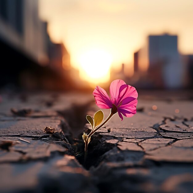 Plant die op gebroken grond groeit met een achtergrond van zonsondergang