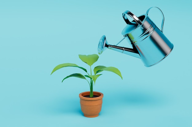 Plant drenken concept handmatige drenken van een bloem in een pot met een aluminium gieter 3d render