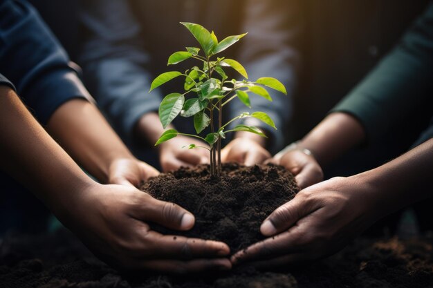 Plant duurzaamheid en de aarde in handen van zakenmensen voor teamwerkondersteuning of milieu Samen groeien en investeren in mensen en de bodem voor de toekomst