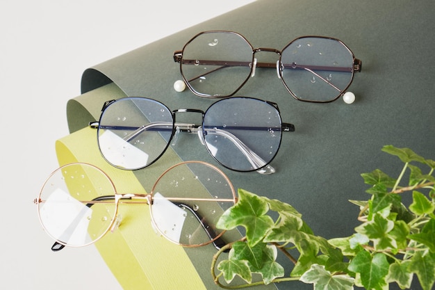 Photo plant and eye glasses on rolled green paper, vision test concept, beautiful stylish fashion accessories in optics