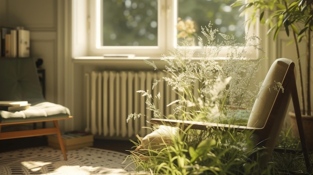 a plant in front of a window with a lamp on it