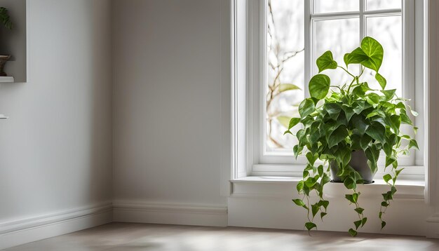 a plant in front of a window with a white wall behind it