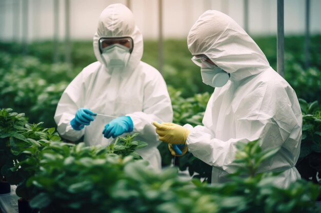 Plant genetic experts researching on young plant for research with other species vegetables in greenhouse earths day concept