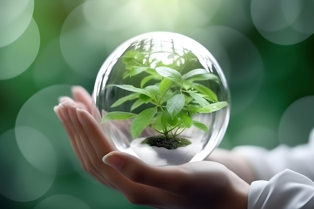 Plant in glass ball in hand concept of protecting the environment generative ai generated