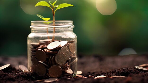 The plant in the glass jar grows from a coin in a blurry nature generated by AI