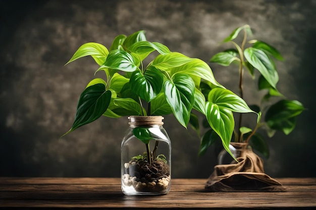 a plant in a glass jar with a plant in it