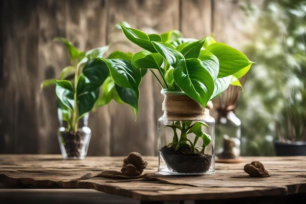 a plant in a glass jar with a plant in it