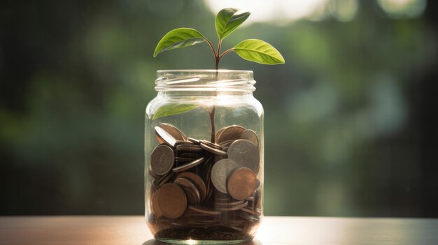 Plant groeien op geld munten in een glas pot Bedrijfsfinanciering investeringsconcept