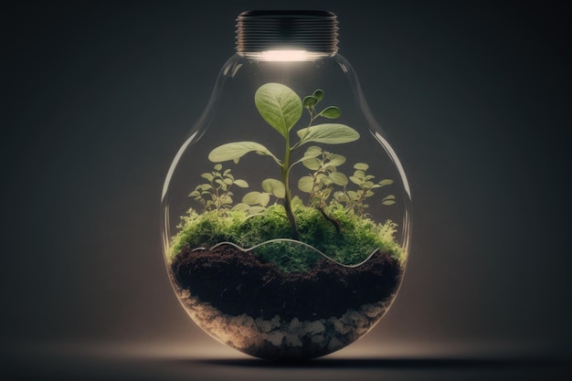 Plant groeit binnen Light Bulb Green Earth Concept achtergrond