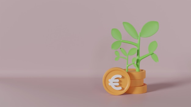 Plant groeit gouden euromunt op roze achtergrond