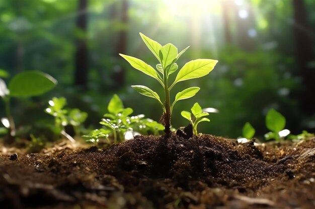 Foto plant groeit in landbouwgrond of bos met zonlicht overdag plant groeit wereld aardedag