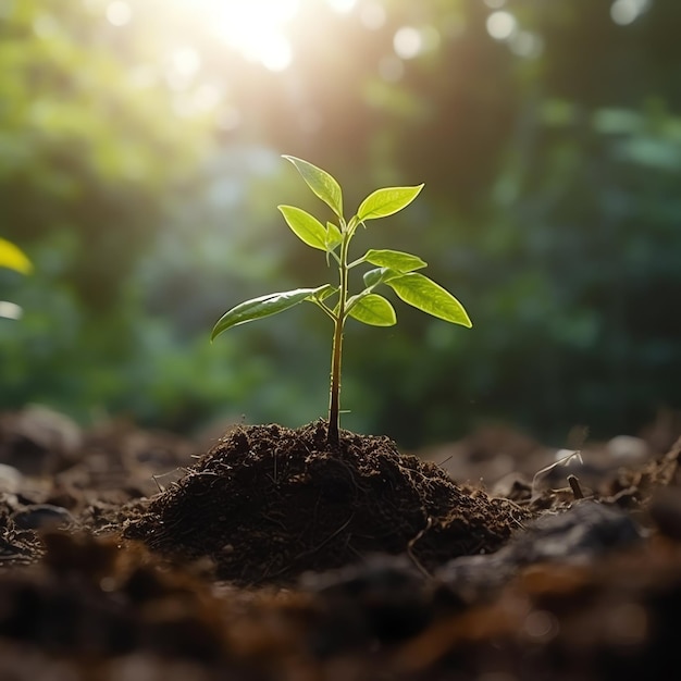 Plant groeit in landbouwgrond of bos met zonlicht overdag Plant groeit Wereld Aardedag