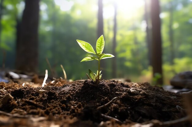 Plant groeit in landbouwgrond of bos met zonlicht overdag Plant groeit Wereld Aardedag