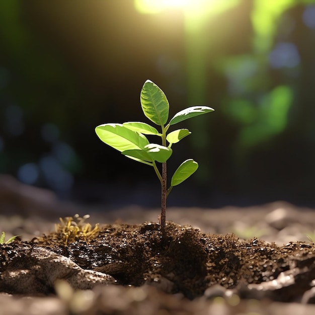 Plant groeit in landbouwgrond of bos met zonlicht overdag Plant groeit Wereld Aardedag