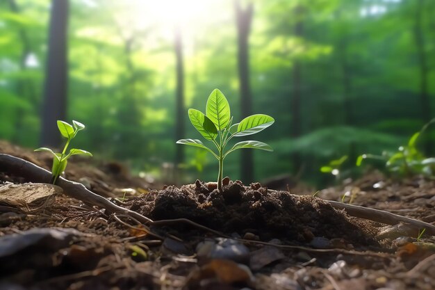 Plant groeit in landbouwgrond of bos met zonlicht overdag Plant groeit Wereld Aardedag