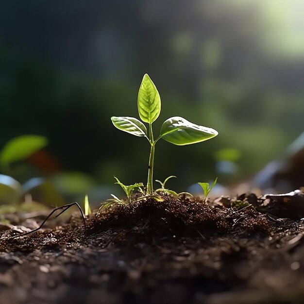 Plant groeit in landbouwgrond of bos met zonlicht overdag Plant groeit Wereld Aardedag