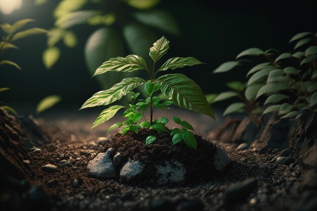 Plant groeit in landbouwgrond of bos met zonlicht overdag Plant groeit Werelddag van de aarde