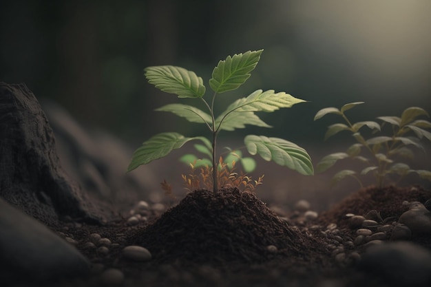 Plant groeit in landbouwgrond of bos met zonlicht overdag Plant groeit Werelddag van de aarde