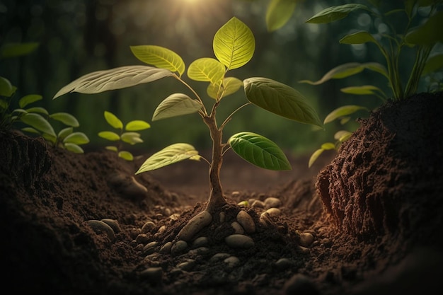 Plant groeit in landbouwgrond of bos met zonlicht overdag Plant groeit Werelddag van de aarde