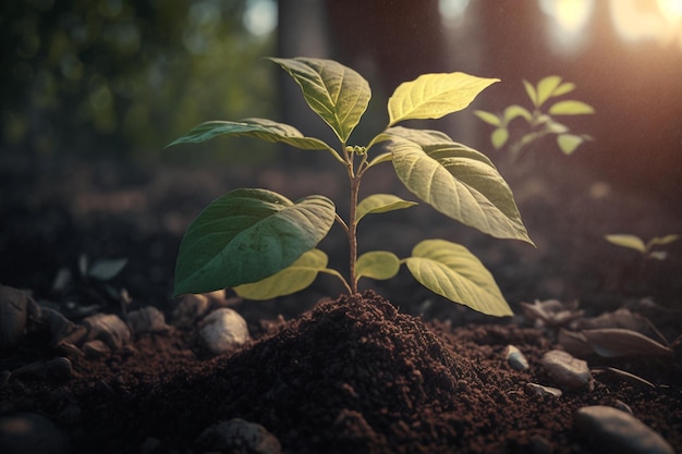 Plant groeit in landbouwgrond of bos met zonlicht overdag Plant groeit Werelddag van de aarde