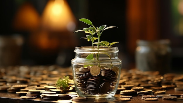 Plant groeit uit Coin Jar op tafel In Office Investing Business Succes Concept