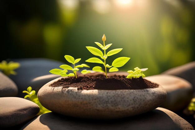 Plant grow up on old stone tile closeup