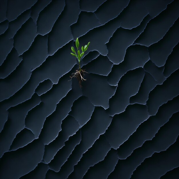 a plant growing in a black surface with a green plant growing through it