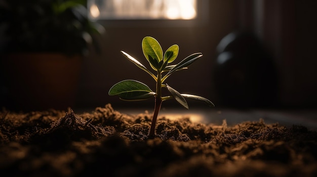 A plant growing in the dark