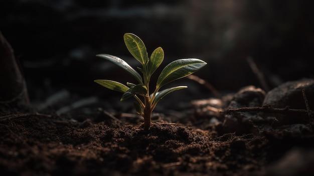 A plant growing in the dark