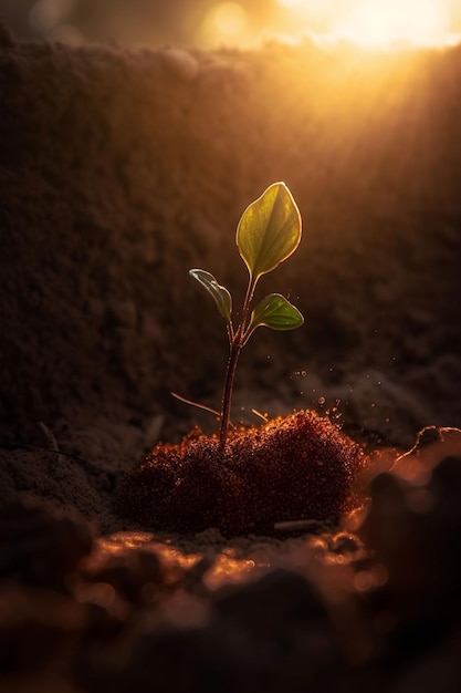 A plant growing in the dirt with the sun shining on it