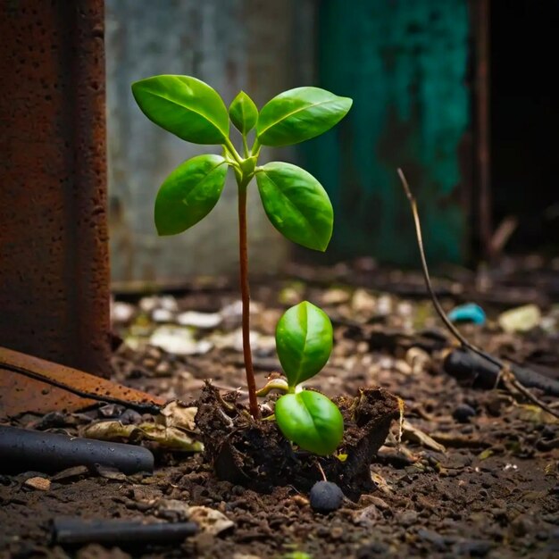 a plant growing in a dirty spot in the dirt