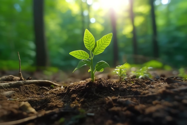 Plant growing in farm ground or forest with sunlight at daytime Plant is growing World earth day