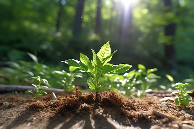 Plant growing in farm ground or forest with sunlight at daytime plant is growing world earth day