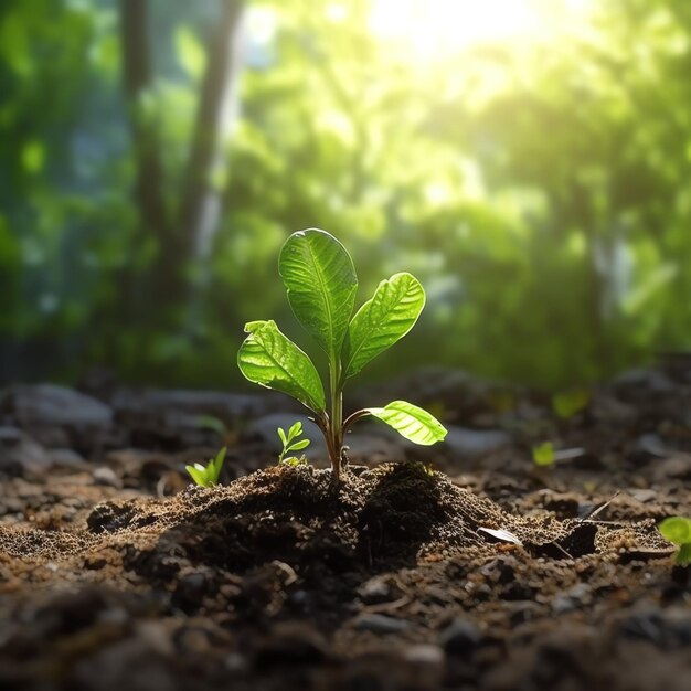 Plant growing in farm ground or forest with sunlight at daytime Plant is growing World earth day