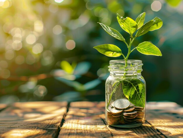 Растение, растущее из монет в стеклянной банки, символизирующей рост инвестиций на деревянном фоне с солнечным светом