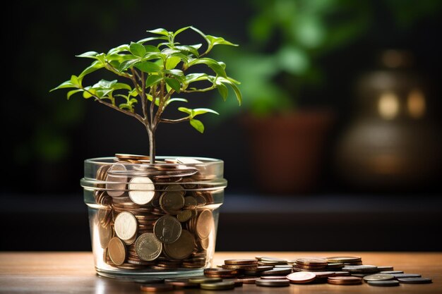 Photo plant growing from pile of coins investment and saving concept