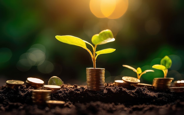 A plant growing from a pile of coins with a dollar coin in the background.