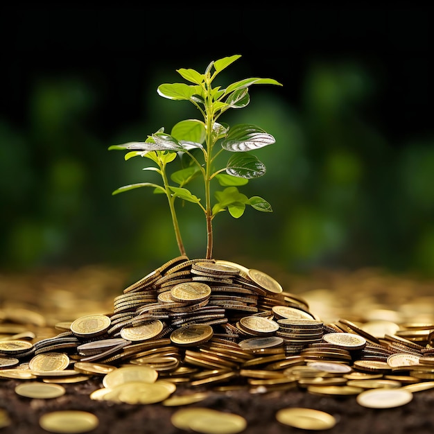 Photo plant growing from pile of gold coins with bokeh background