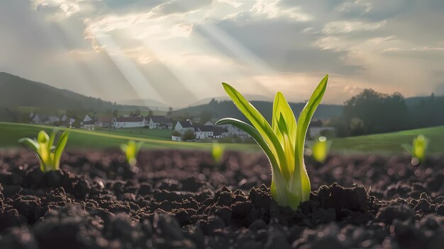 Photo a plant growing in a garden with the sun shining through the clouds