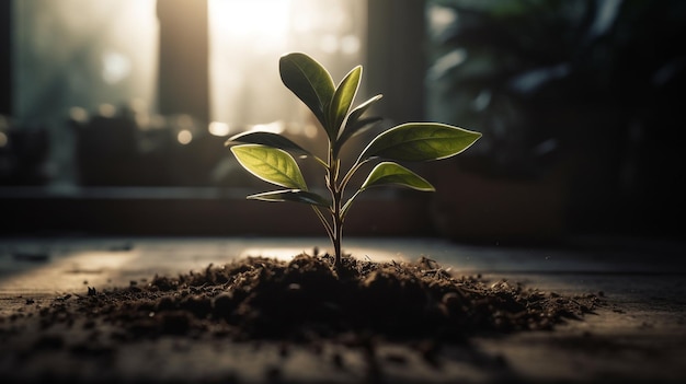 A plant growing in the middle of a dark room