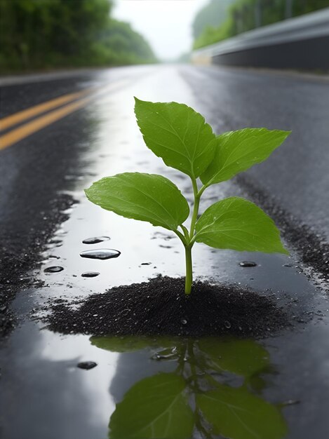 a plant growing in the middle of a wet road